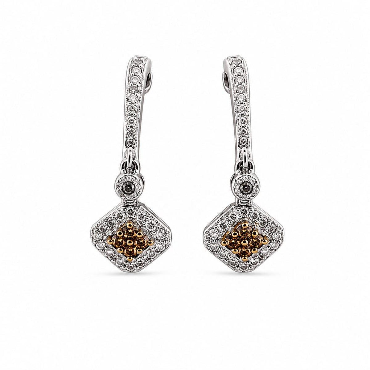 Two-Tone Gold Diamond Halo Dangle Hoop Earrings, 1/2 ct Total Weight