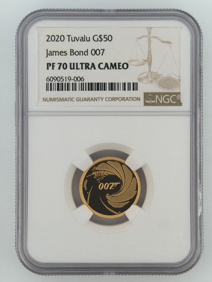 2020 Tuvalu James Bond 007 Gold $50 1/4 oz NGC PF70 Ultra Cameo