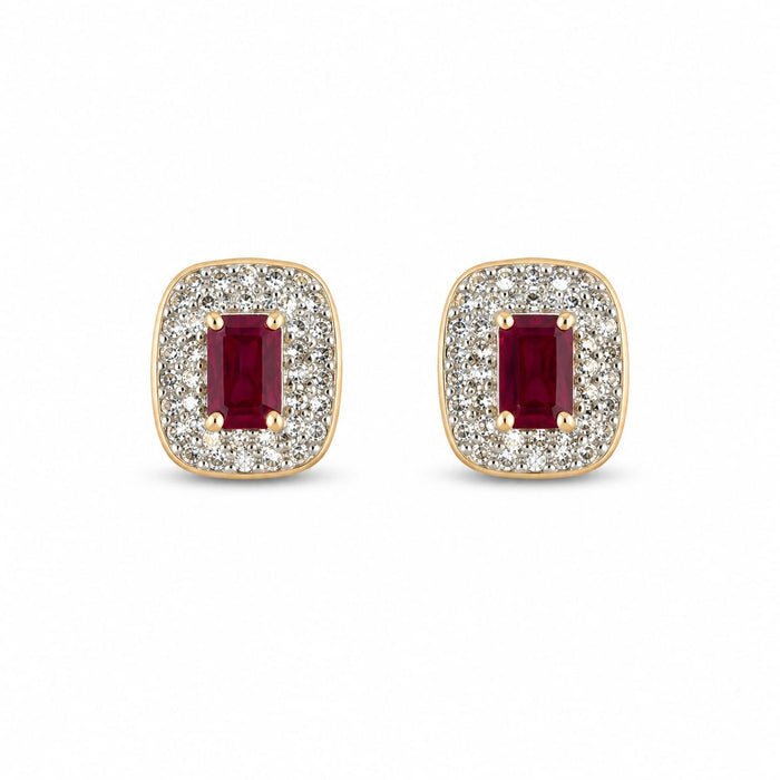 14K Gold Ruby and Diamond Halo Earrings, 1ct Ruby and 1ct Diamonds